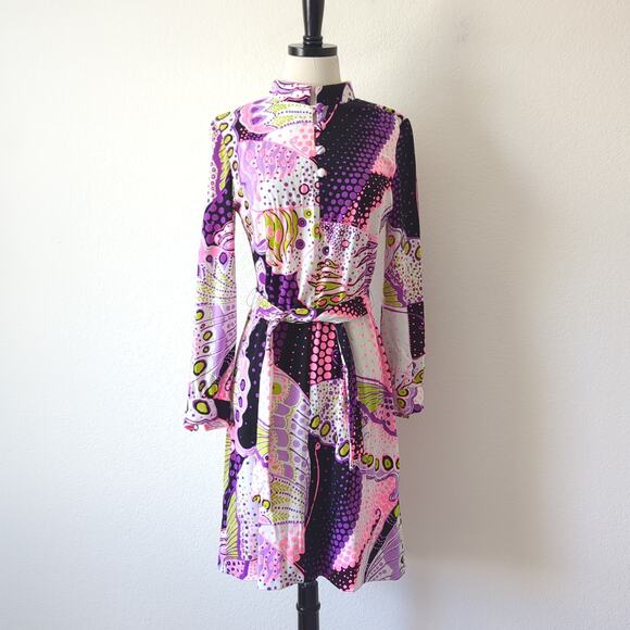 Vintage 1970s Dress Womens Purple Pink MCM Hippie Psychedelic Retro Anika XS/S - Picture 15 of 16